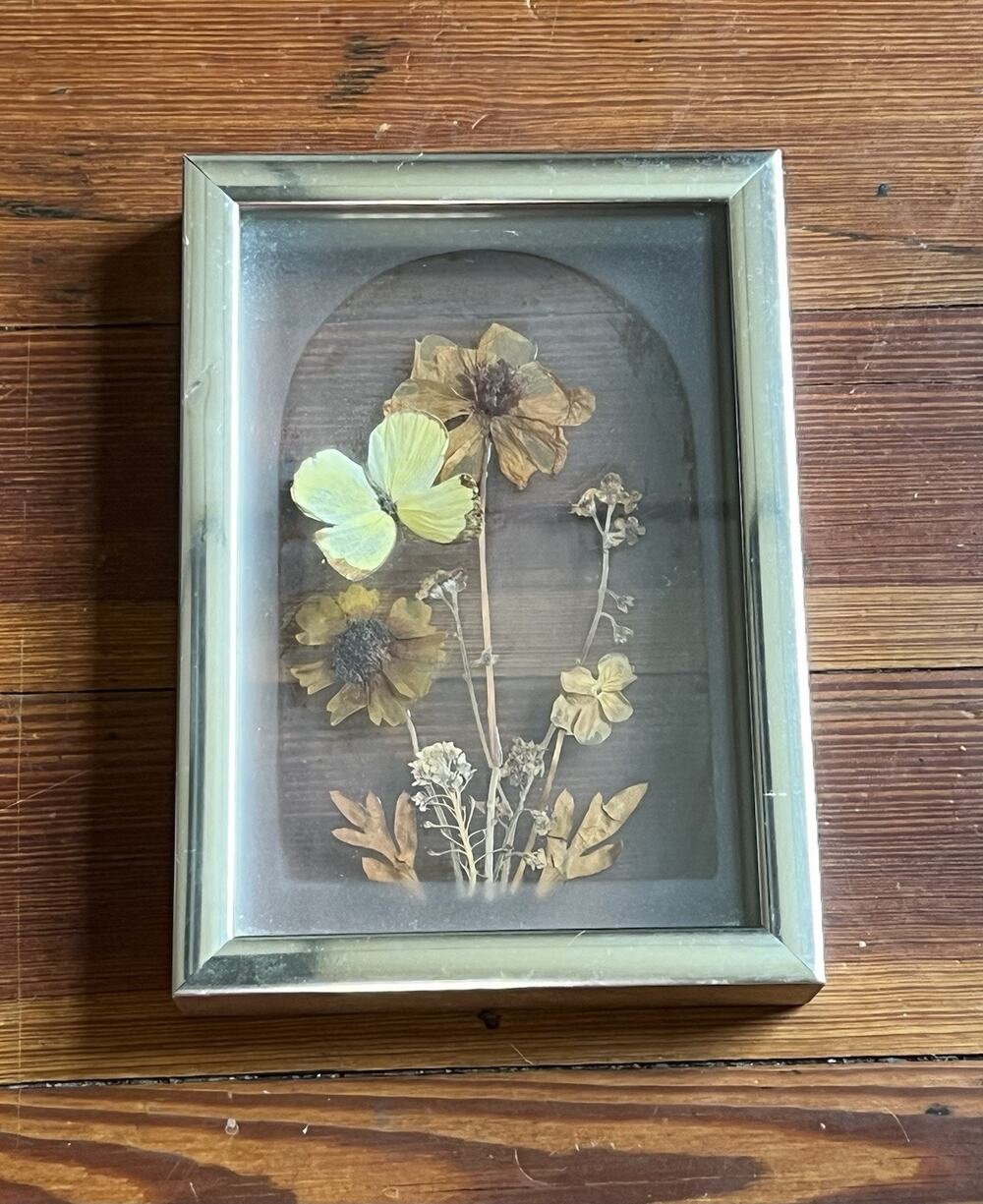 Vintage Real Pressed Flowers & Yellow Butterfly Glass Shadow Box